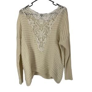 Pollux‎ Size Medium Cream Cottage Boho Floral Lace Back Crochet Sweater